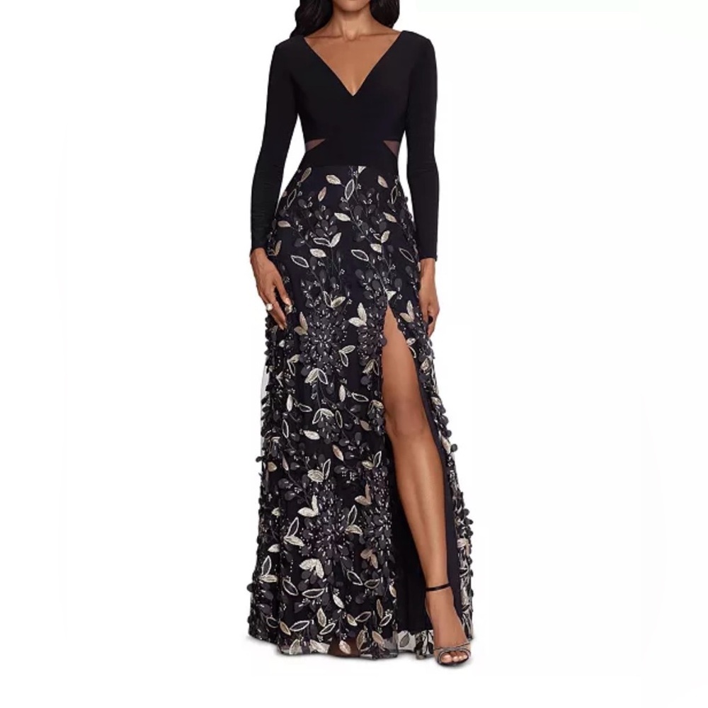 Xscape Black and gold 3D Floral Long Sleeve Gown